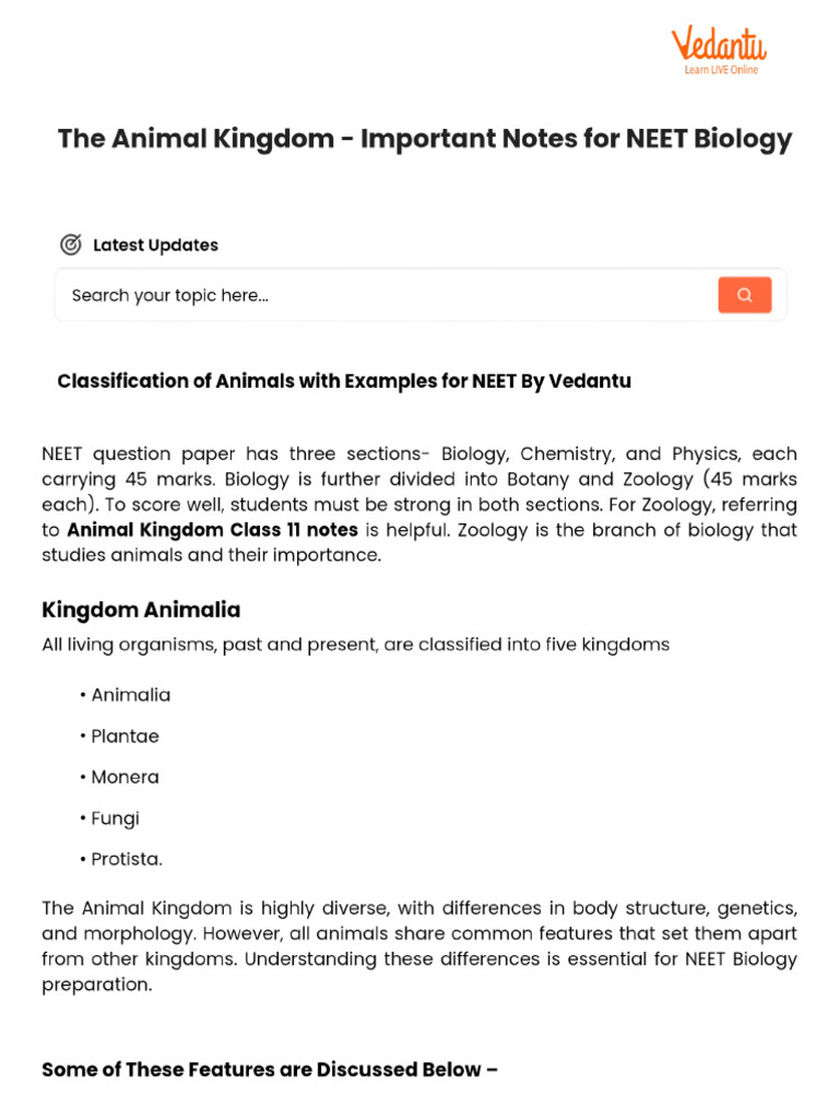 The Animal Kingdom - Important Notes For NEET Biology | PDF