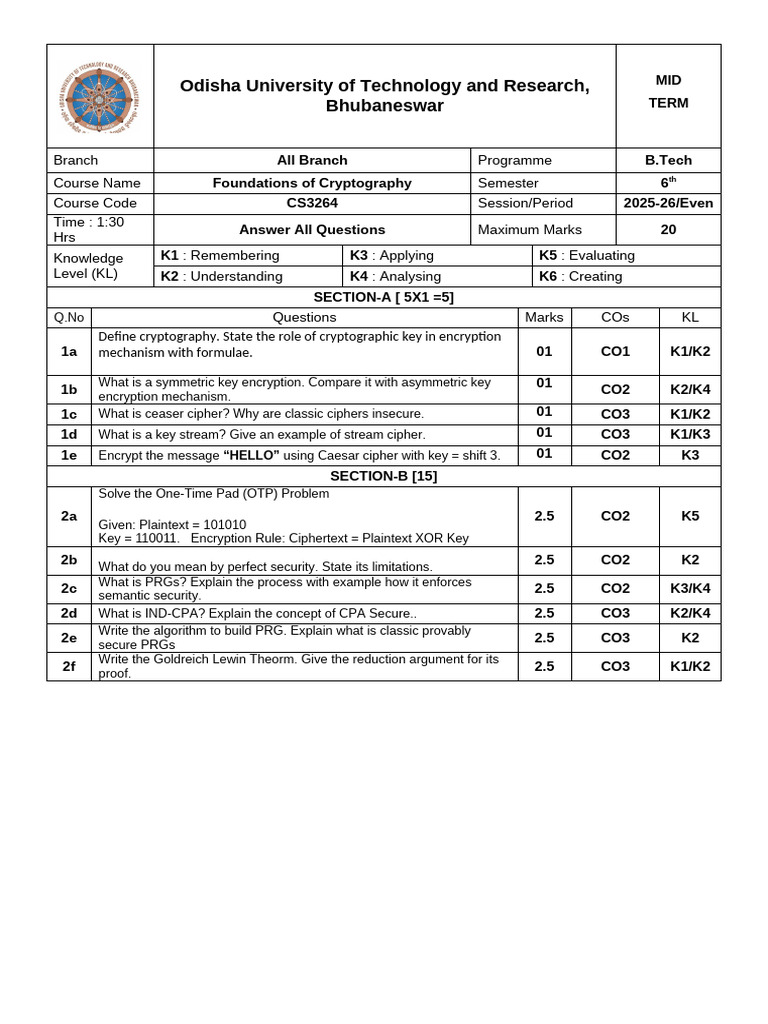 CNS (Minor) Midsem Question Template-OUTR-2 | PDF | Cryptography | Cipher