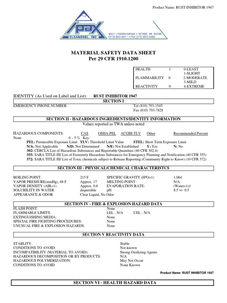 Rust Inhibitor 1947 Safety Data Sheet | PDF | Safety | Chemistry
