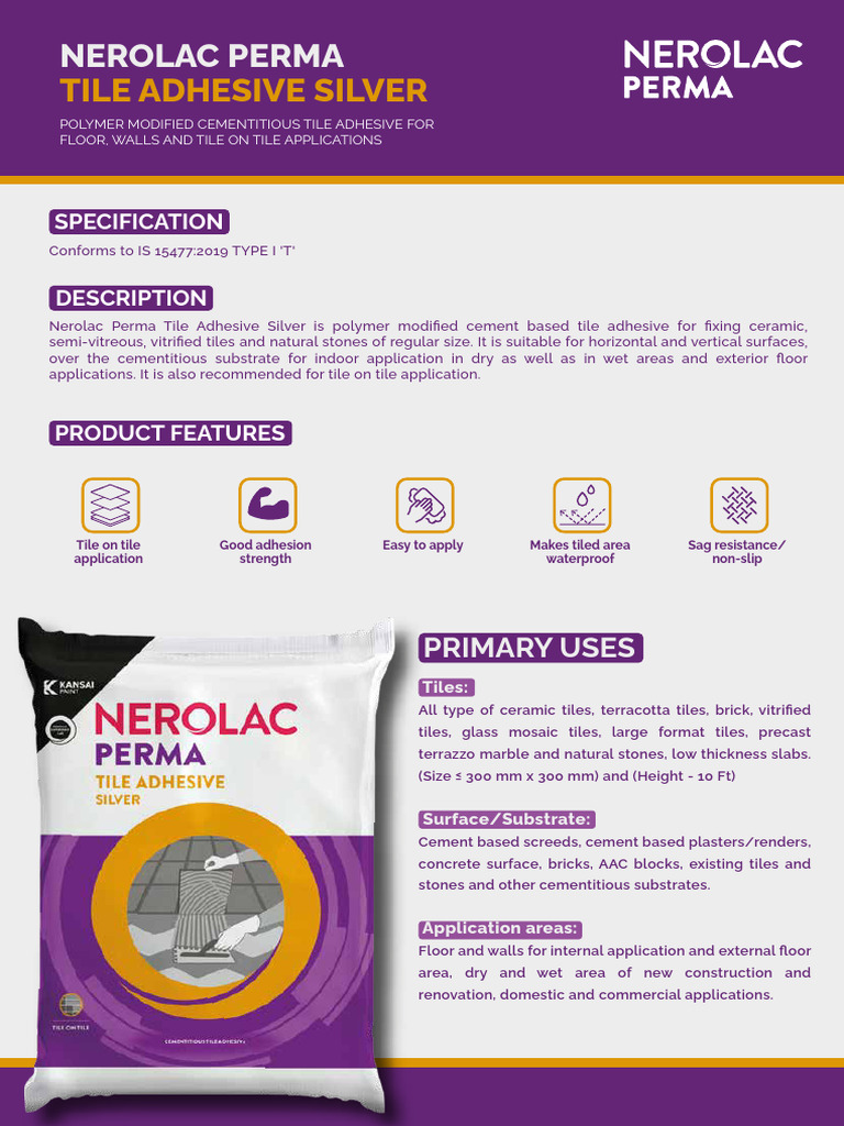 Nerolac-Perma-Tile Adhesive Silver | PDF | Tile | Concrete