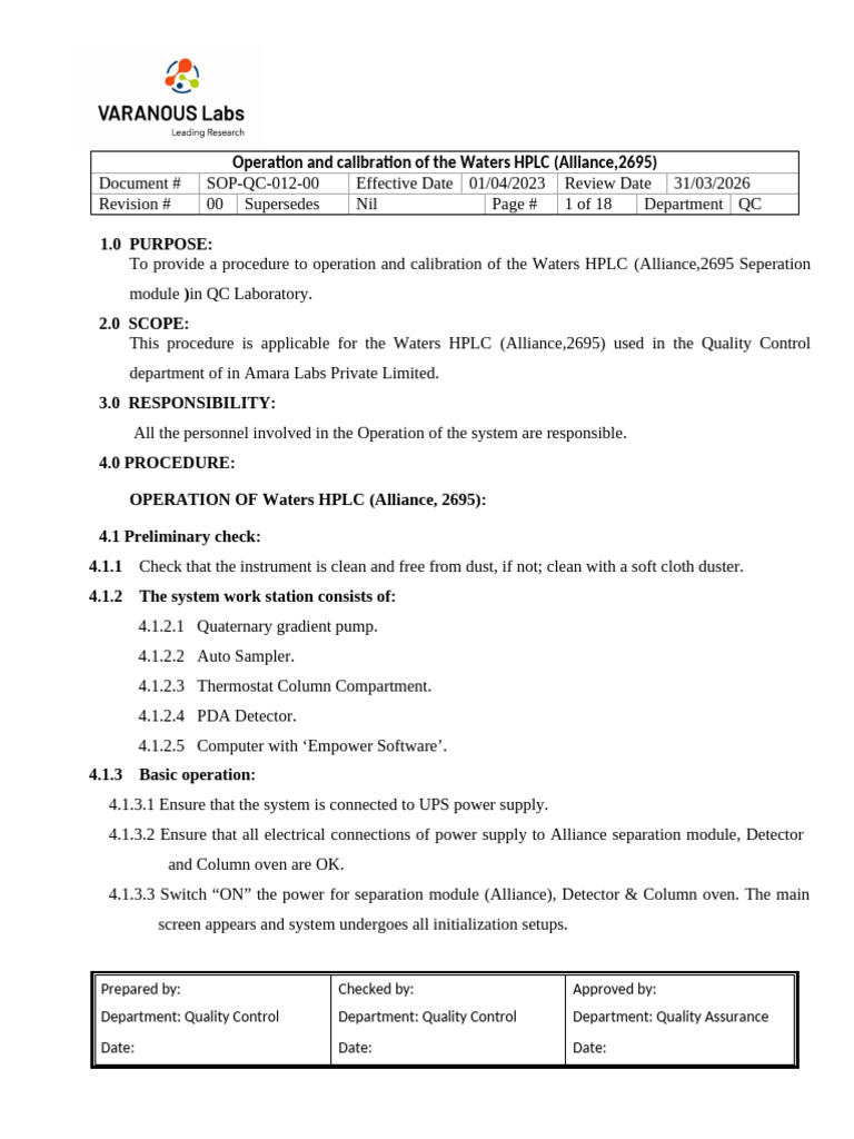 QC-012 Procedure For Operation of Calibration of Waters HPLC | PDF ...