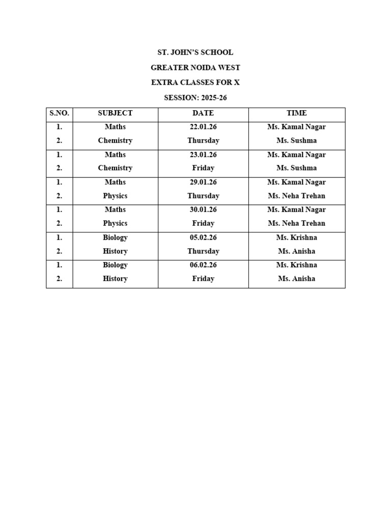 Extra Class Schedule Class X | PDF