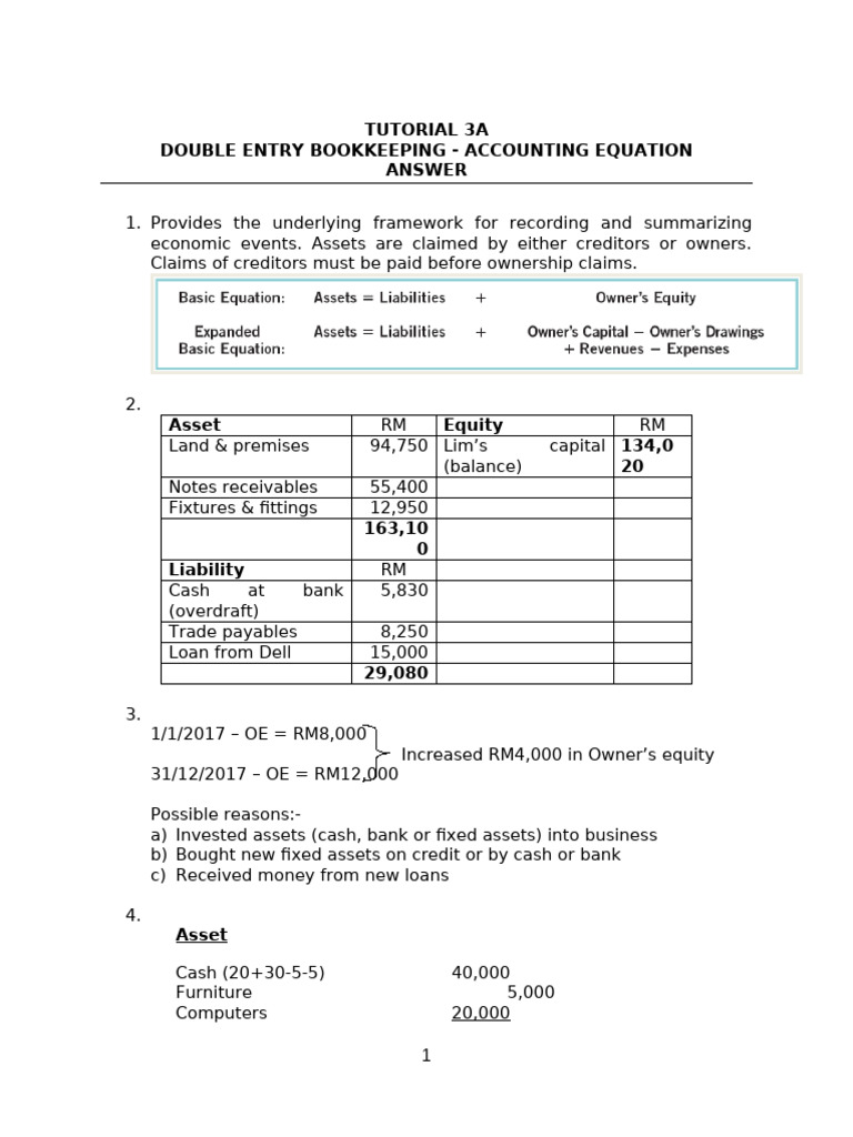 T3A Double Entry Bookkeeping - Accounting Equation (Answer) | PDF ...