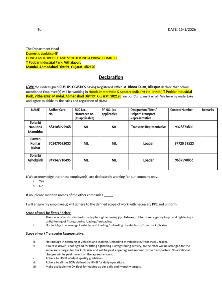 Format For Declaration of Manpower Details | PDF | Vehicles | Transport