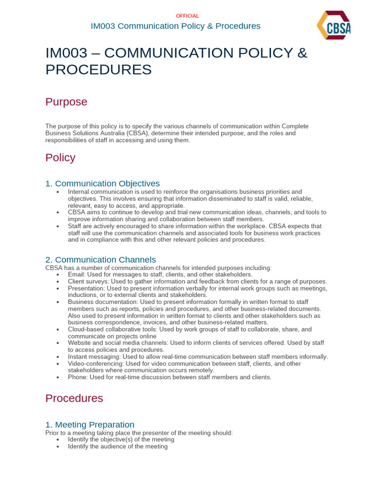 IM003 Communication Policy & Procedures | PDF | Communication | Information