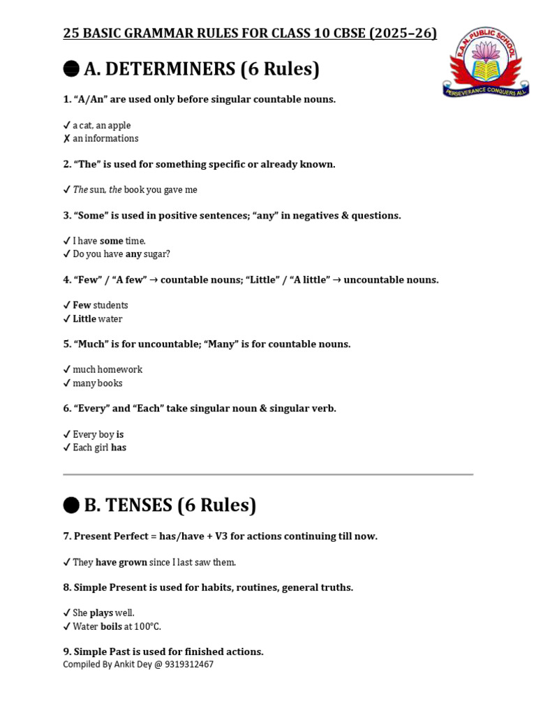 25 Basic Grammar Rules For Class 10 Cbse | PDF | Verb | Grammatical Number