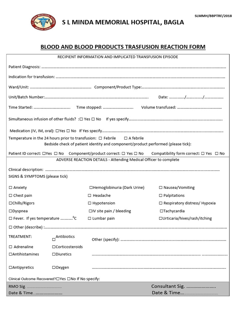 Blood and Blood Products Transfussion Reaction Form | PDF | Anesthesia ...