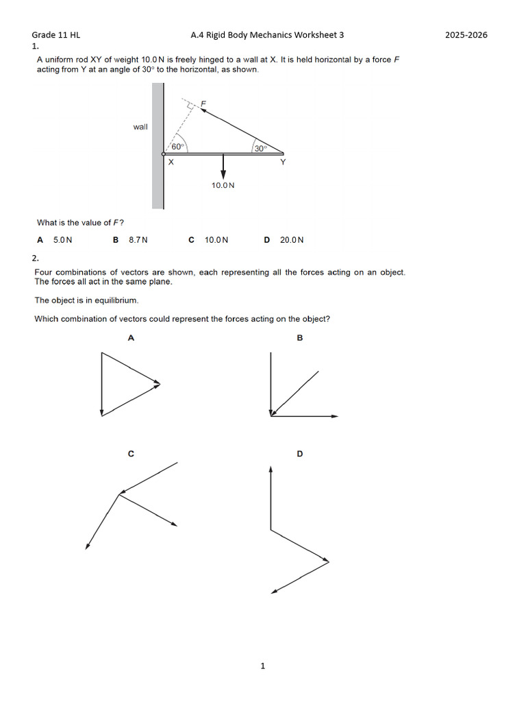 Grade 11 HL A.4 Rigid Body Mechanics Worksheet 3 2025-2026 | PDF ...