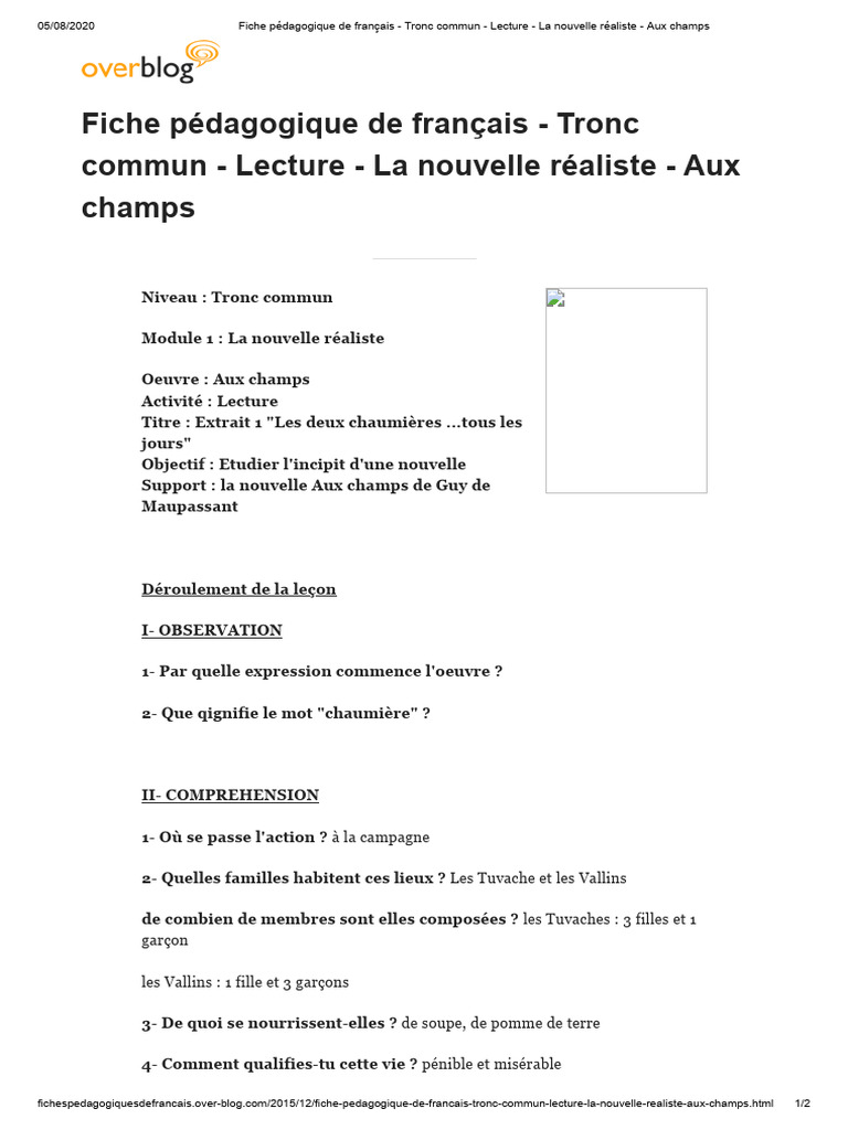 Fiche Pédagogique de Français - Tronc Commun - Lecture - La Nouvelle ...