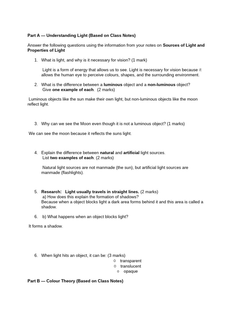Understanding Light Assignment | PDF | Color | Reflection (Physics)