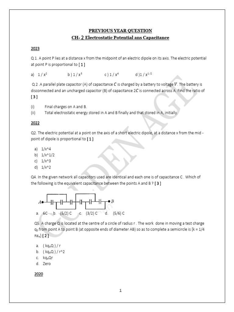 CH - 2 Electrostatic Potential and Capacitance PYQ | PDF | Capacitance ...