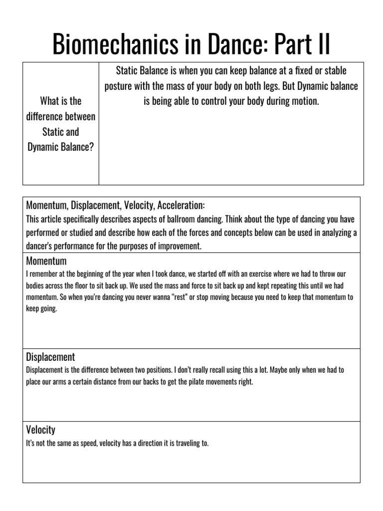 Biomechanics in Dance Part 2 Graphic Organizer-Daniela Santillan | PDF