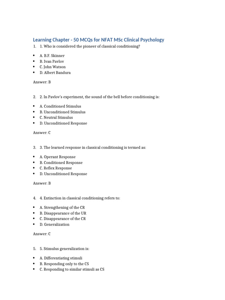 Learning Chapter 50 MCQs NFAT | PDF | Classical Conditioning ...