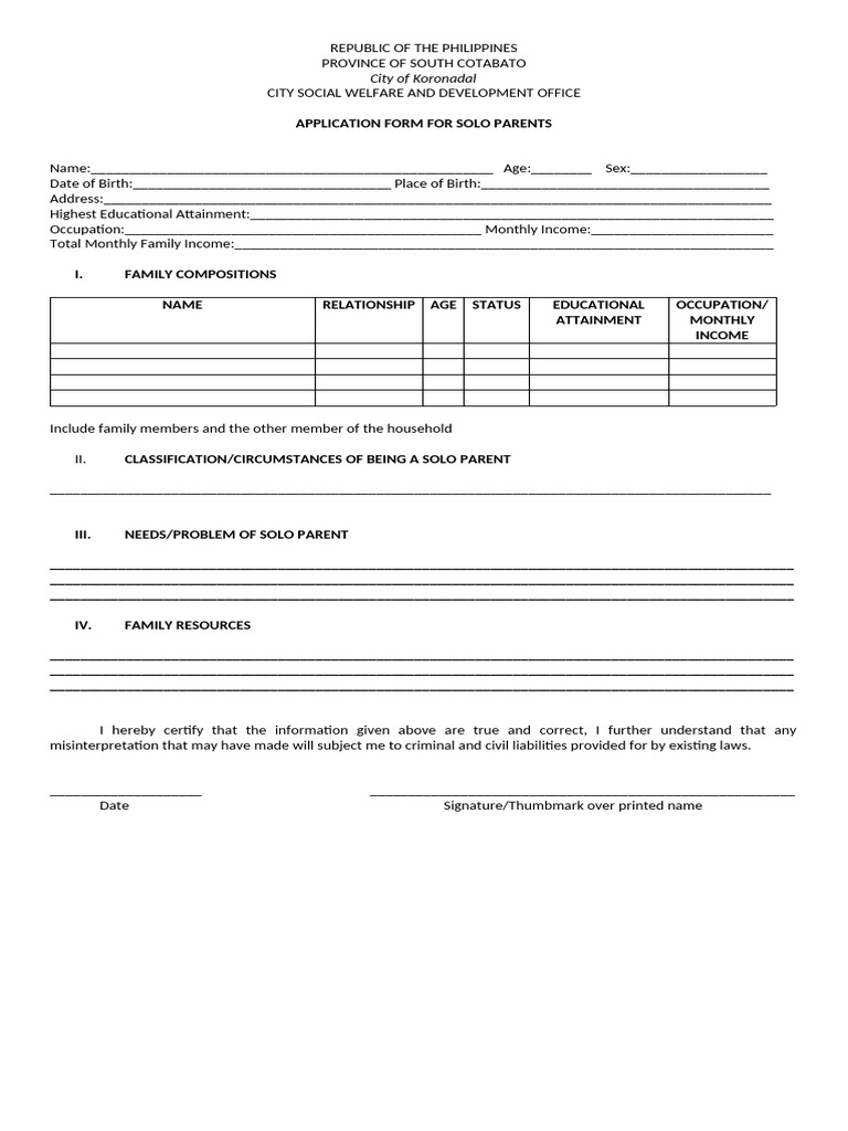 Application Form For Solo Parents | PDF | Justice | Crime & Violence