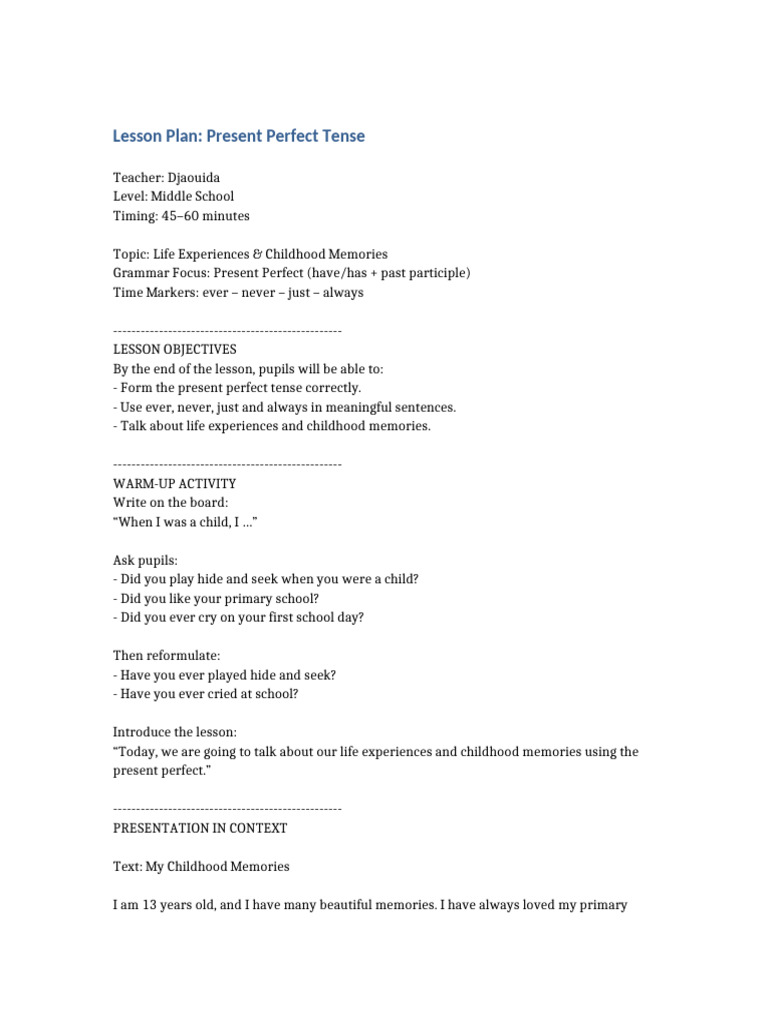 Present Perfect Lesson Plan Djaouida | PDF | Perfect (Grammar ...