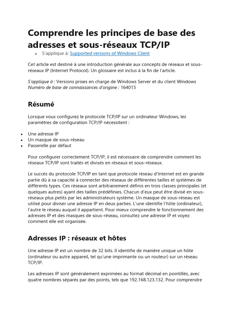 Comprendre Les Principes de Base Des Adresses Et Sous Réseaux | PDF ...