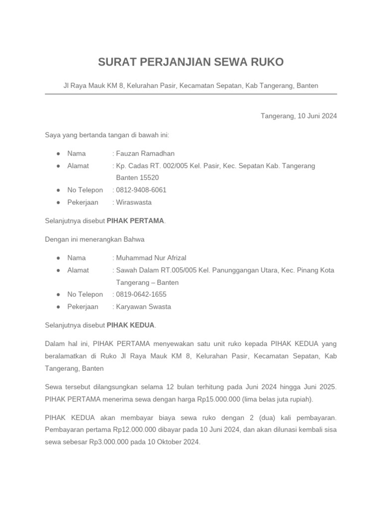 Surat Perjanjian Sewa Ruko Word | PDF