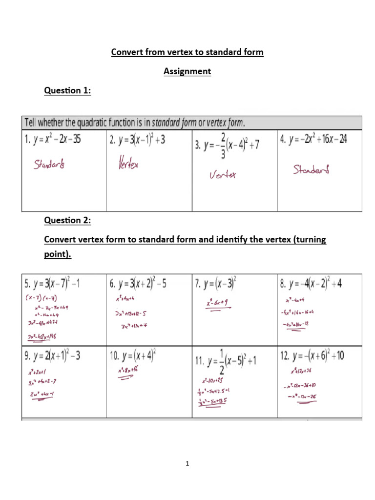 Convert From Vertex To Standard Form Assignment | PDF