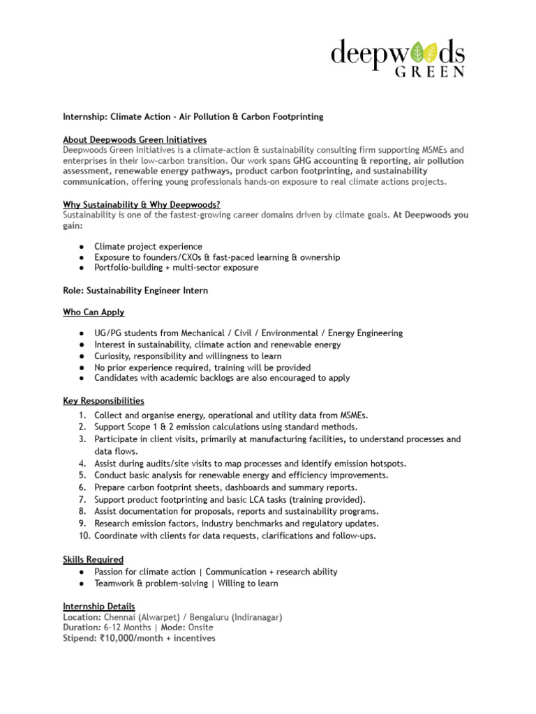 Deepwoods JD - Sustainability Engineer Intern | PDF