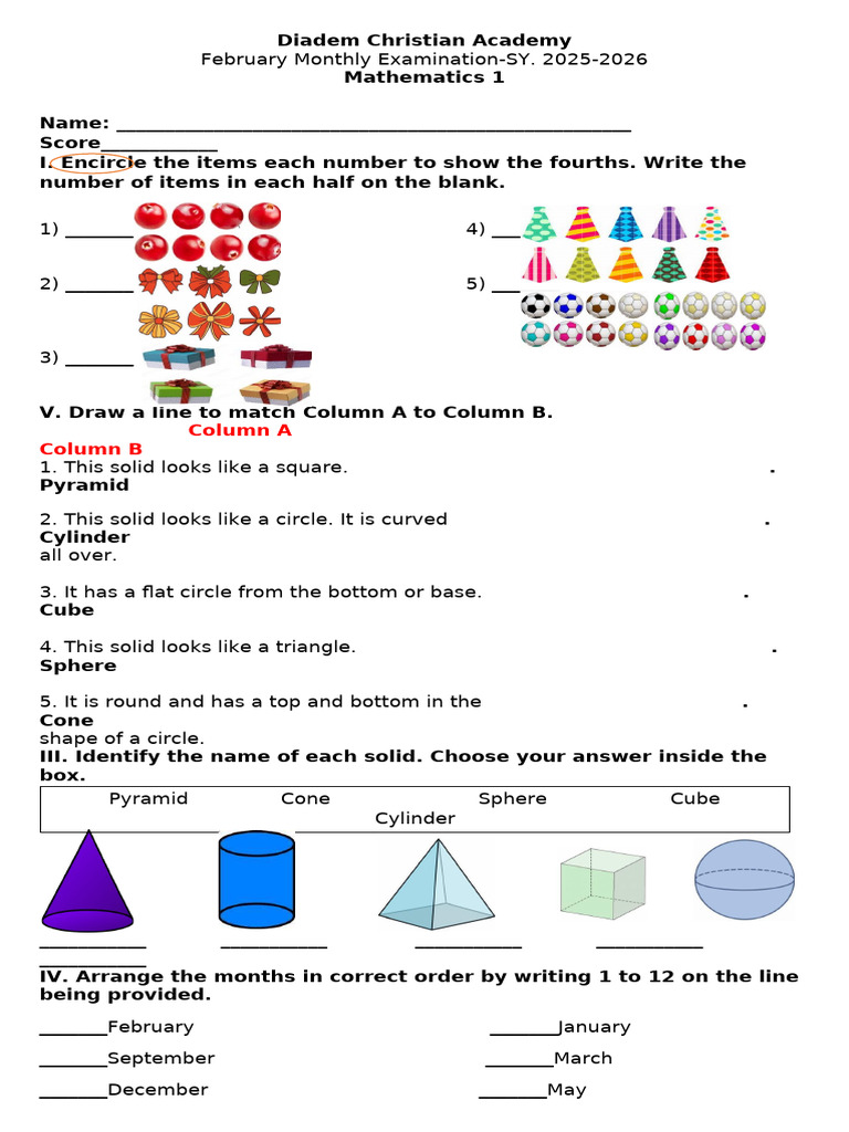 Math 1 - 4th QTR February Monthly Examination | PDF | Sphere ...