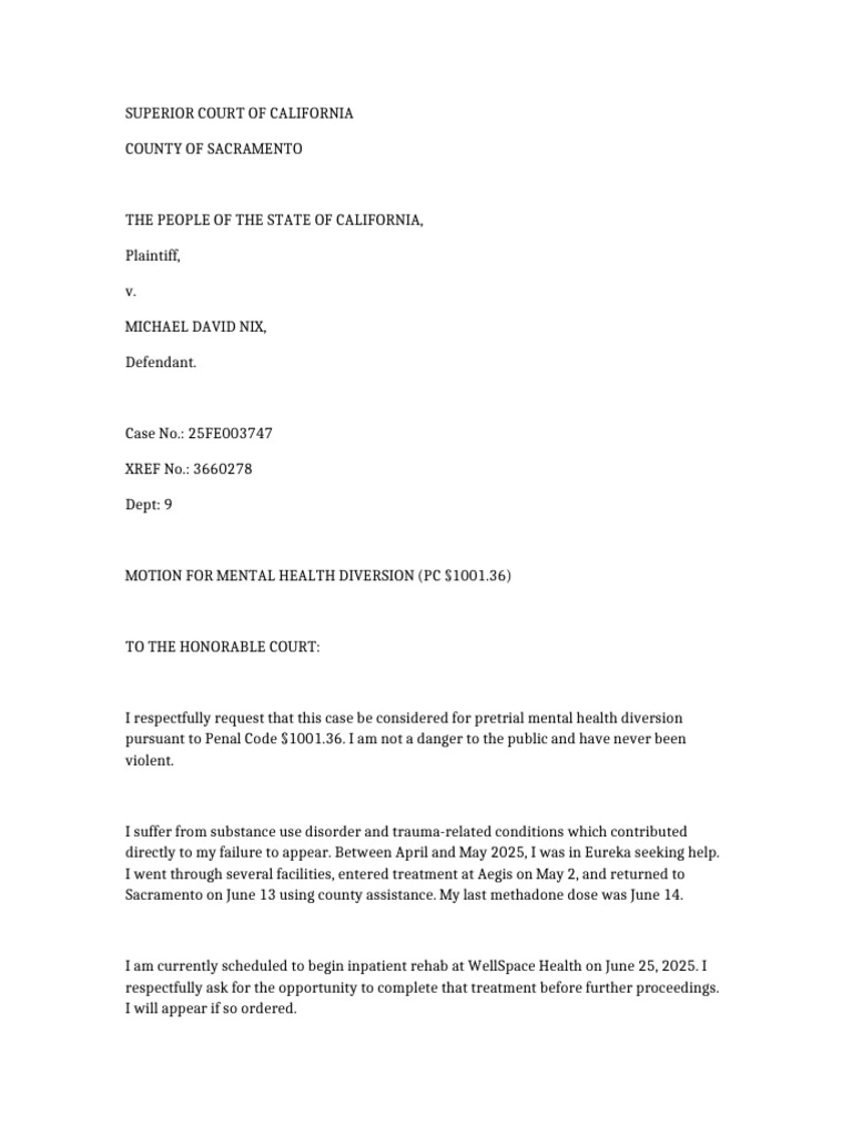 5 Motion For Mental Health Diversion PC1001.36 Michael Nix | PDF
