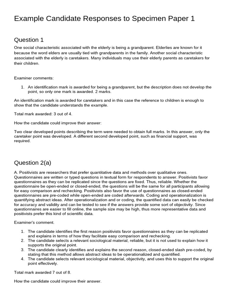 Sociology Paper 1 Examples, Questions, Marking Schemes, Comments, and ...