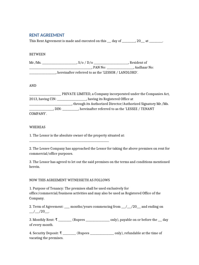 Company Rent Agreement | PDF | Lease | Natural Resources Law