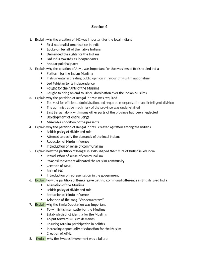 Questions and Points 4 | PDF | Partition Of India | All India Muslim League