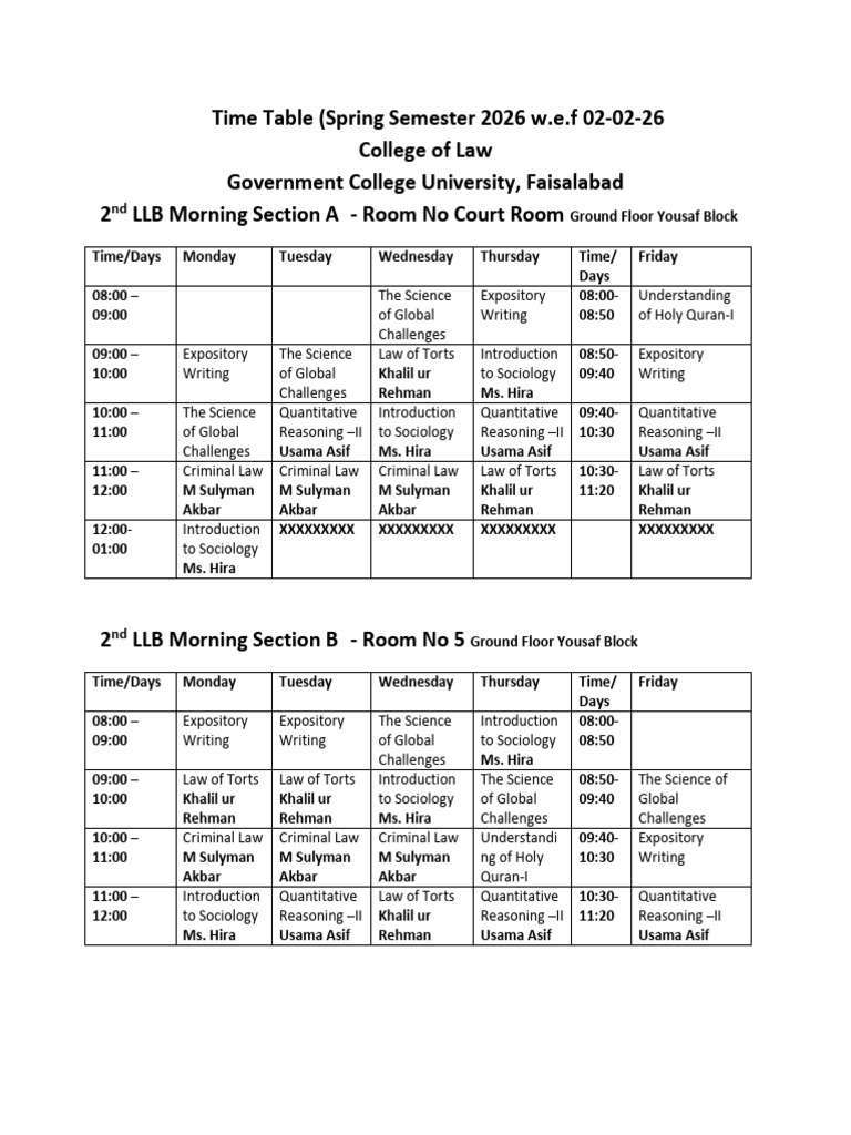 College of Law 2026 Spring Time Table | PDF | Justice | Crime & Violence
