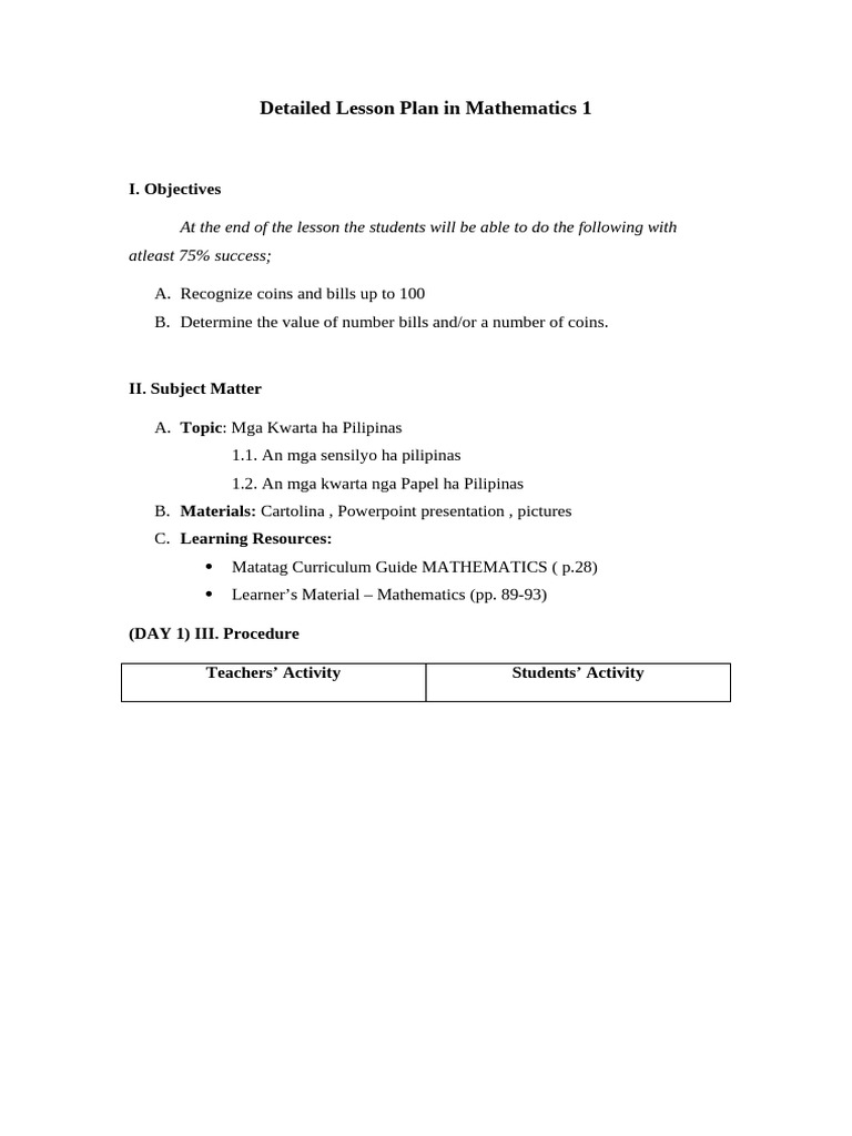 Detailed Lesson Plan in Mathematics 1 | PDF | Currency | Philippines