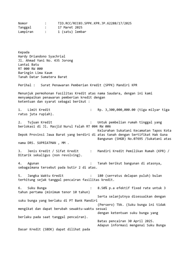 Contoh SPPK Mandiri KPR | PDF