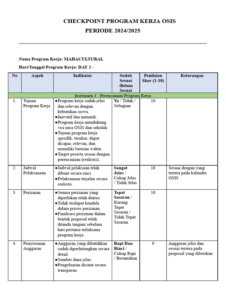 Checkpoint Program Kerja Osis Mahacultural Day 2 | PDF
