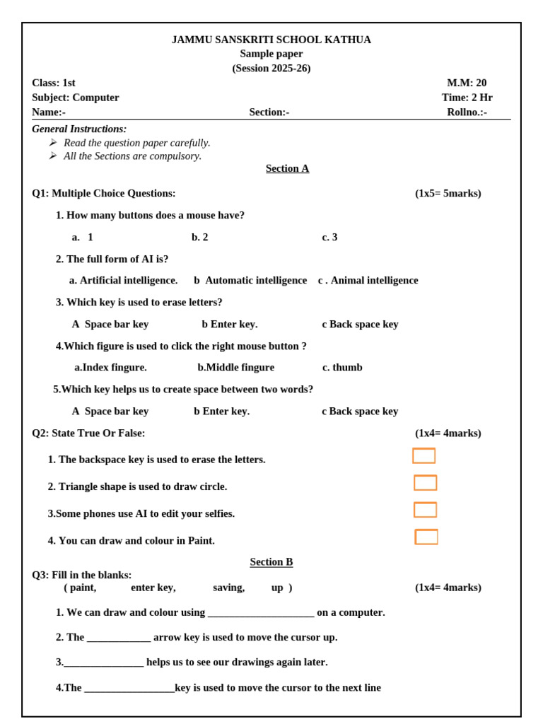 Sample Paper of Computer Class 1 | PDF | Input/Output | Human–Computer ...