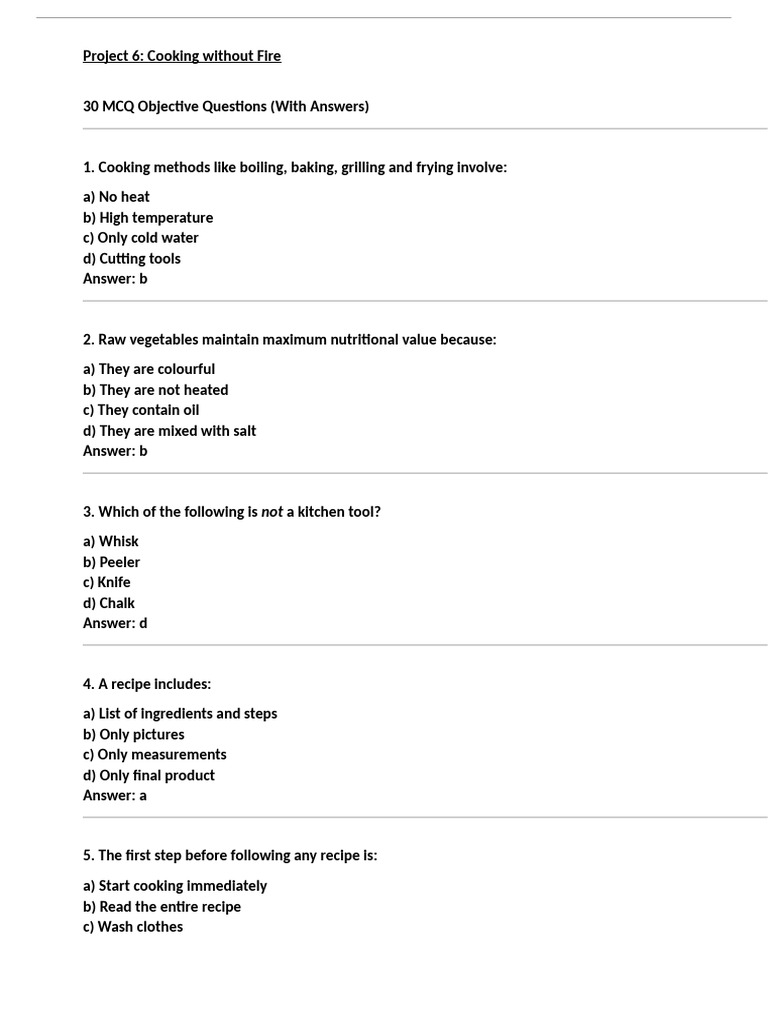 MCQ Class Vi Project 6 | PDF | Cooking | Food And Drink