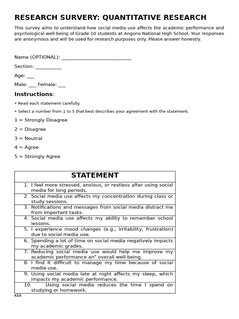 Research Survery: Quantitative Research: Instructions | PDF