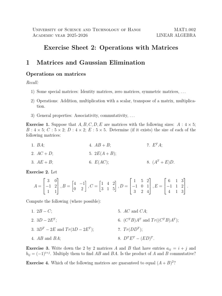 Exercise Sheet 2 - Operations With Matrices | PDF | Matrix (Mathematics ...