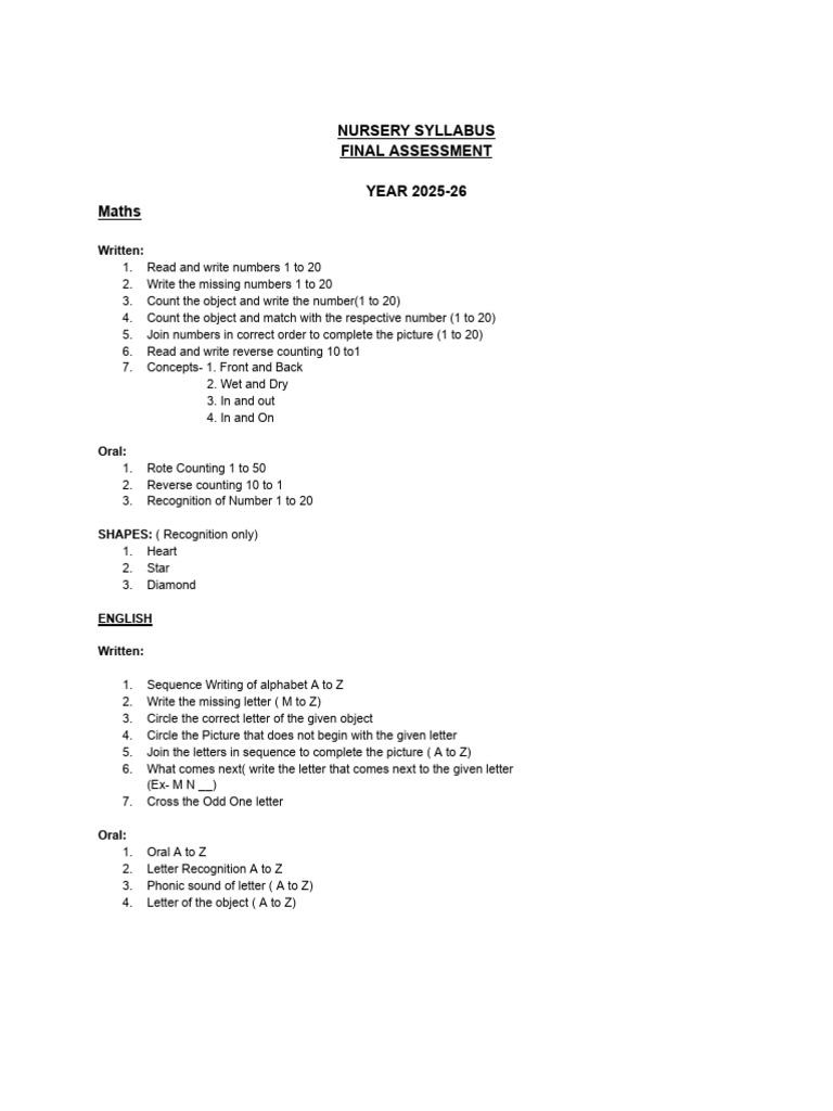 Nursery Final Exam Syllabus | PDF
