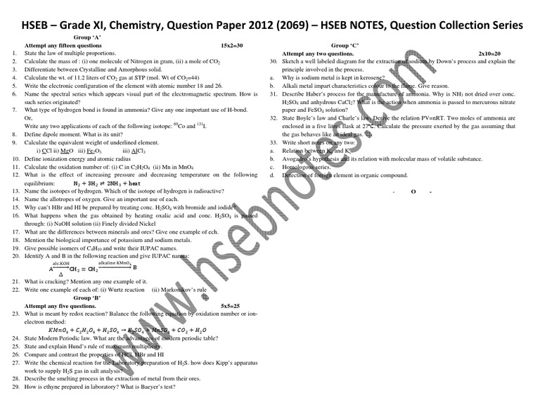 grade hseb sheet HSEB  HSEB Question Collection Chemistry XI 2069   Series