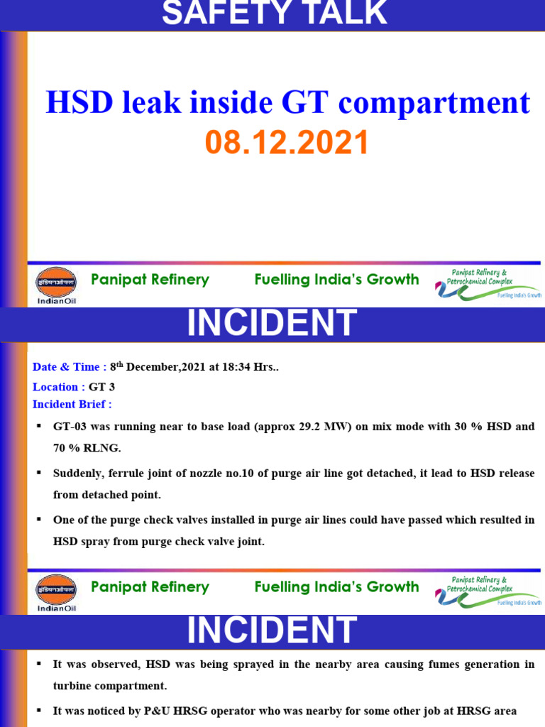 Safety Talk On HSD Leak in GT Compartment | PDF | Gases | Mechanical ...