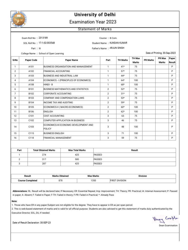 Marksheet All Year | PDF