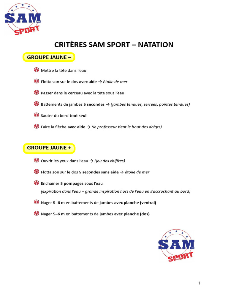 Critères Sam Sport | PDF | Nage | Techniques de loisirs en plein air