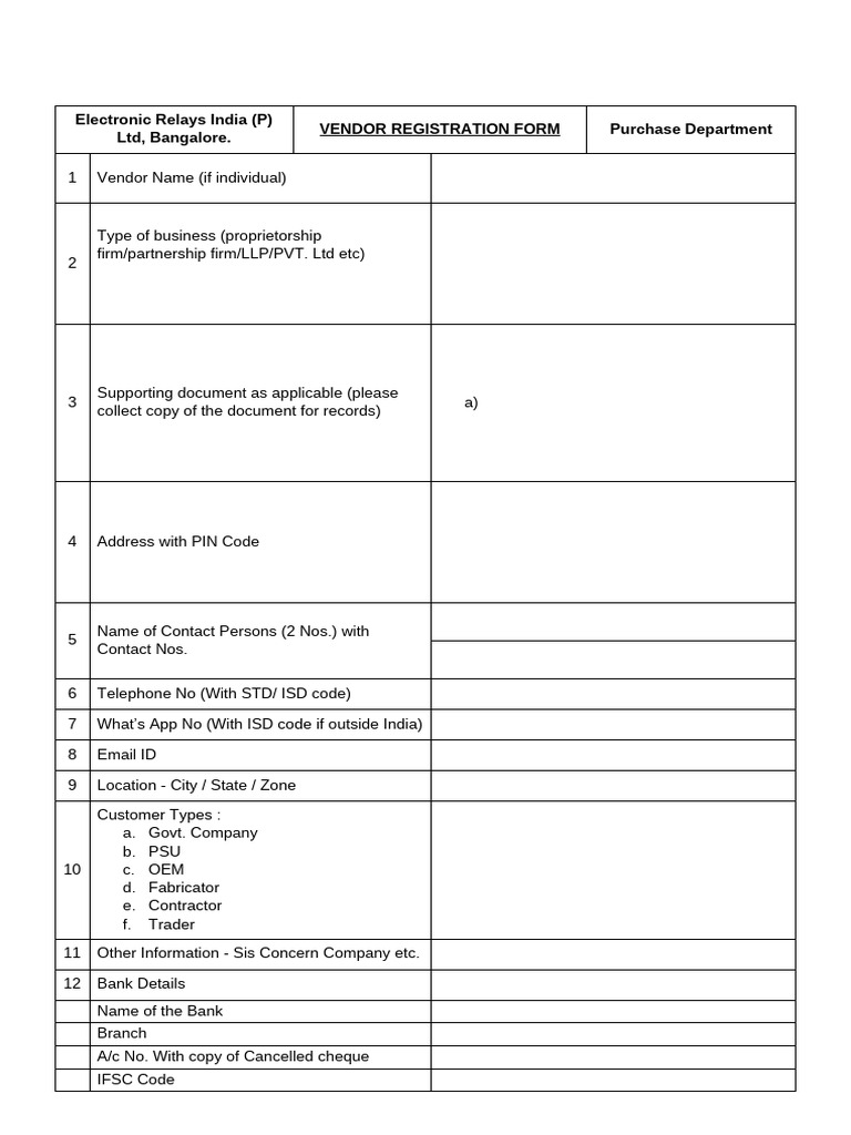Vendor Master Registration Form | PDF