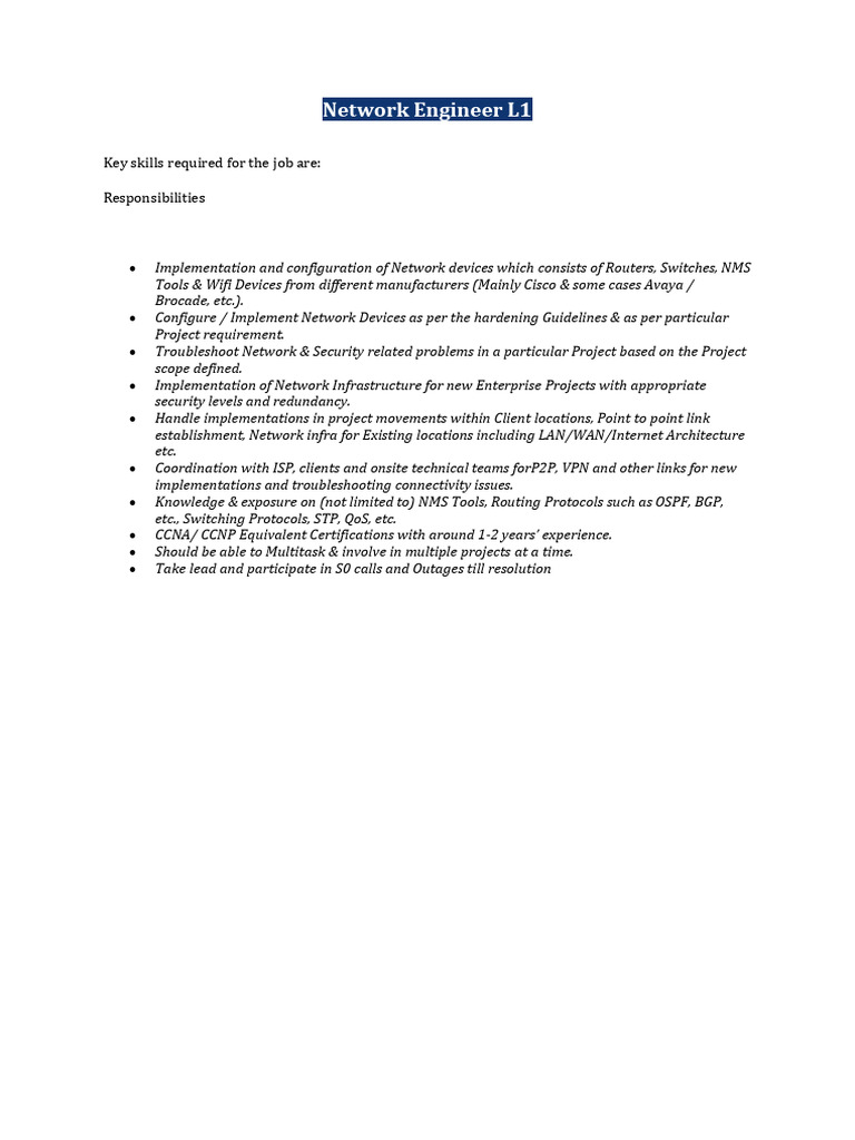 JD Network Engineer L1 1-1 | PDF