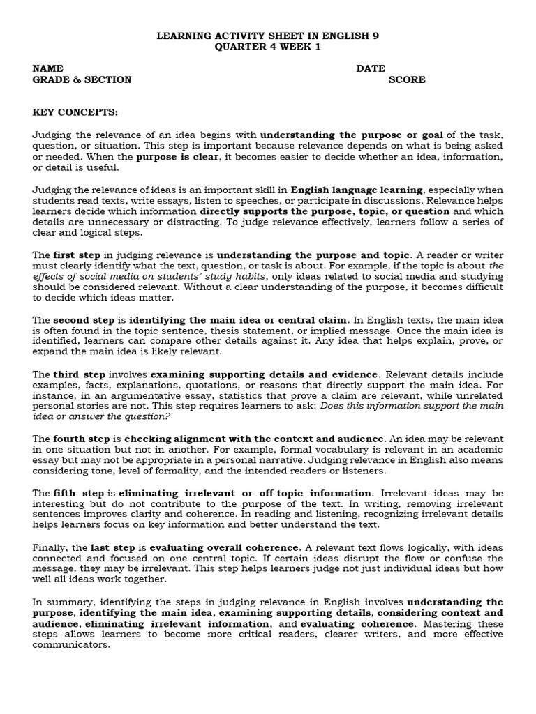 Learning Activity Sheet in English 9 Quarter 4 About Relevance | PDF ...