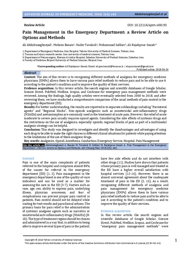 Pain Management in The Emergency Department A Review Article On Options ...