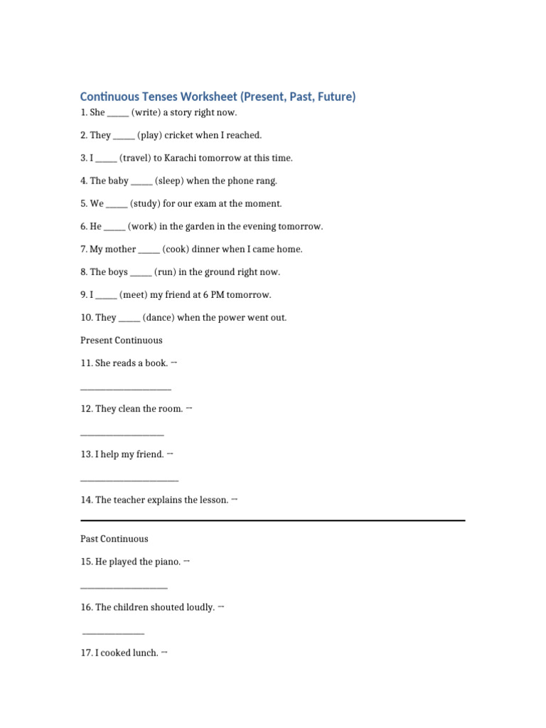 Continuous Tenses Worksheet | PDF | Grammar | Linguistics