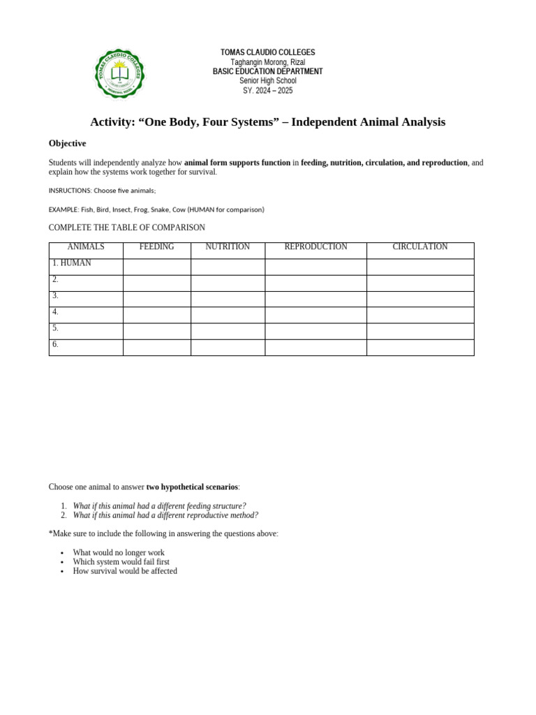 Animal Forms and Function Activity | PDF