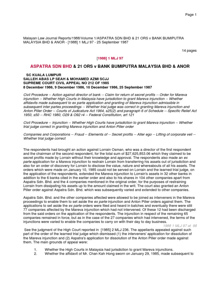 Aspatra Sdn Bhd Amp 21 Ors V Bank Bumiputra Ma Pdf Piercing The Corporate Veil Supreme Courts