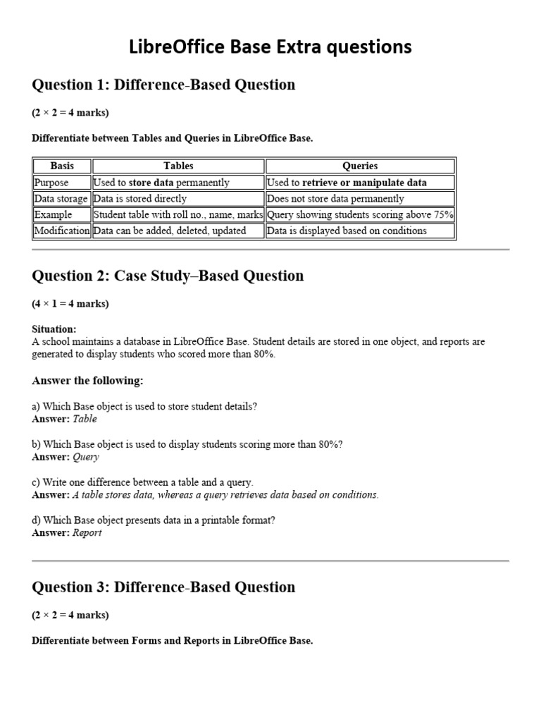 LibreOffice Base Extra Questions | PDF | Databases | Information Retrieval