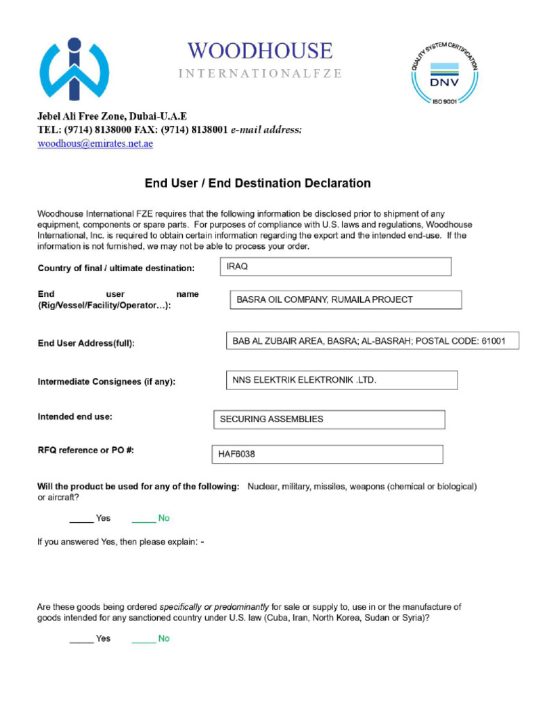 WI End User Declaration Form OTECO | PDF